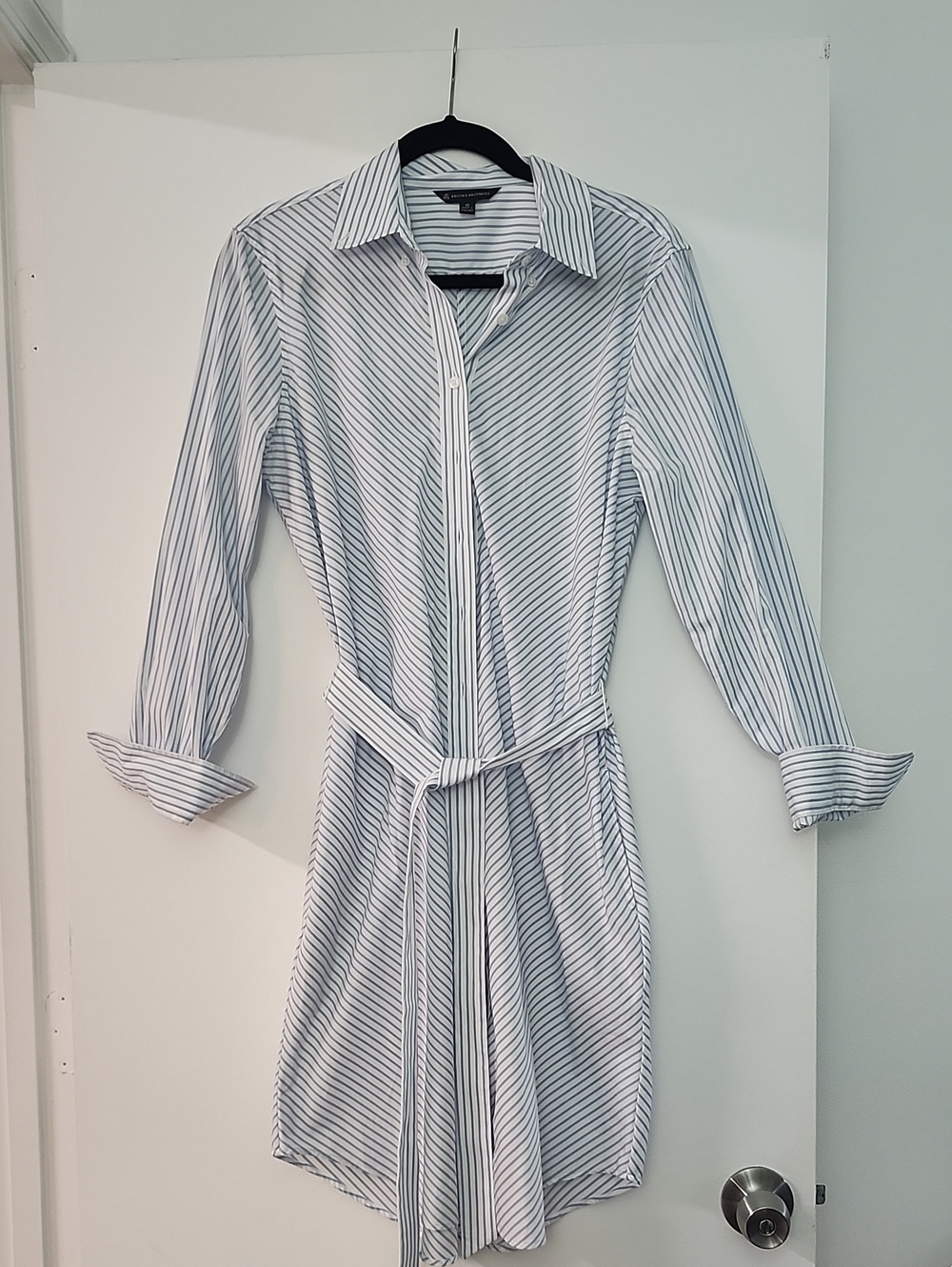 Brooks Brothers White & Navy Striped Shirt Dress with Tie Belt